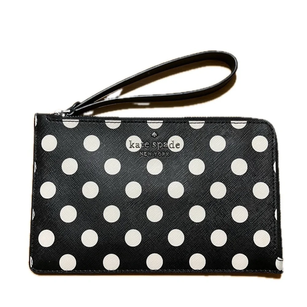 Kate Spade New York Medium L-Zip Wristlet Saffiano Leather Polka Dot Black, NWOT